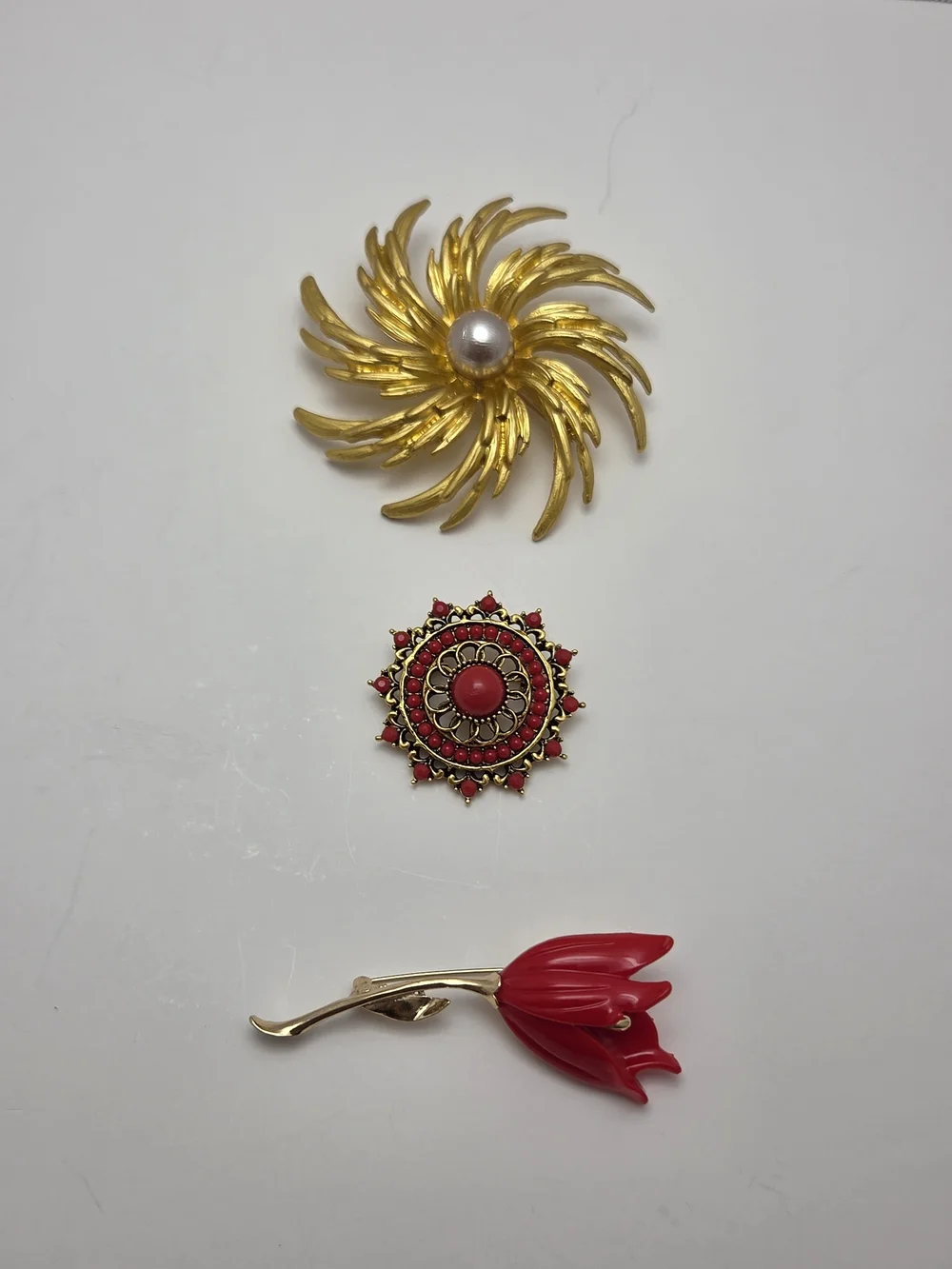 Gold and Red Floral Brooch Trio - Classic Gold & Red Accents